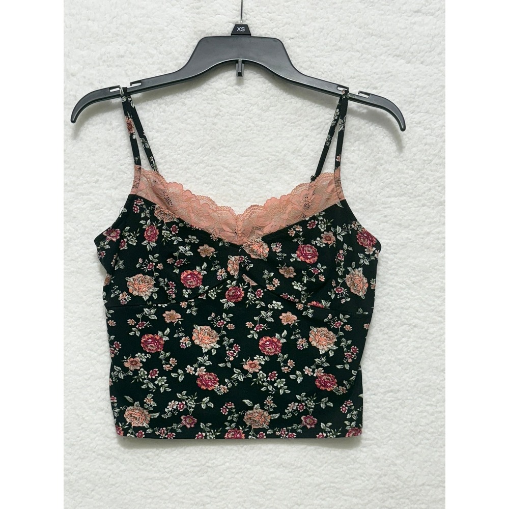 No Boundaries Floral Lace Cami Top Black Pink Roses Crop Tank XS